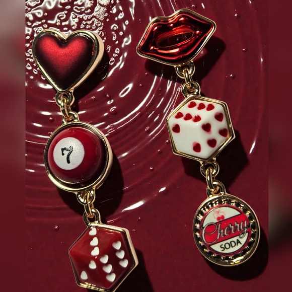 Betsey Johnson Jewelry - NEW Betsey Johnson Lips, Heart, Dice & Cherry Cola Linear Drop Earrings NWT